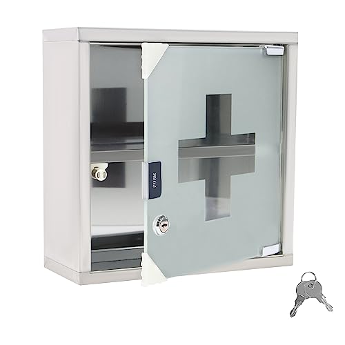 NAIZY Medizinschrank 2 Fächer Apothekerschrank aus Edelstahl mit Gefrostet Glasmagnettür & 2 Schlüssel Medikamentenschrank abschließbar Hängend Arzneischrank, 30x12x30cm von NAIZY