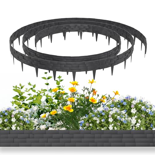NAIZY Rasenkante Kunstoff 10 m Beeteinfassung Steinimitatziegel, Beeteinfassung mit Stifte Mähkante biegbarer schneibar Natürlich Gartenpalisade 100x20cm/Stück Beetzaun, Anthrazit von NAIZY