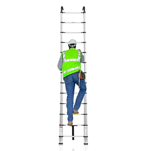 NAIZY Teleskopleiter Klappbar 3,8M Aluminium Multifunktionsleiter mit Häkchen Mehrzweckleiter Anlegeleiter Ausziehbare Leiter 13 Stufe Stehleiter MAX Belastbarkeit 150KG von NAIZY