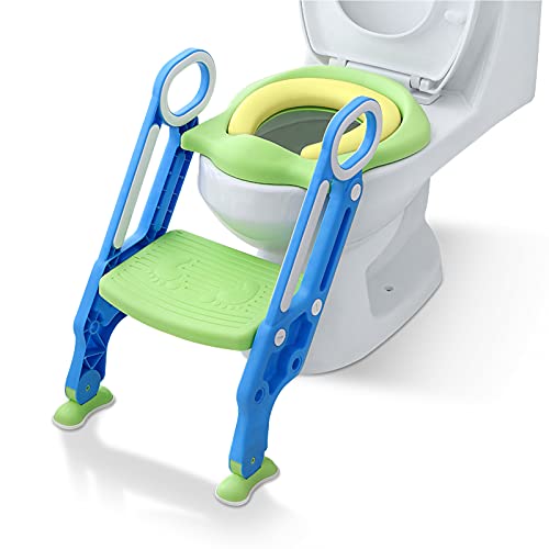 NAIZY Toilettensitz Kinder mit Treppe Faltbar Töpfchentrainer Höhenverstellbar WC Trainer mit PU Gepolstert Kissen und Griffen Töpfchen für Kinder von 1-7 Jahren Kleinkinder - Blau und Grün von NAIZY