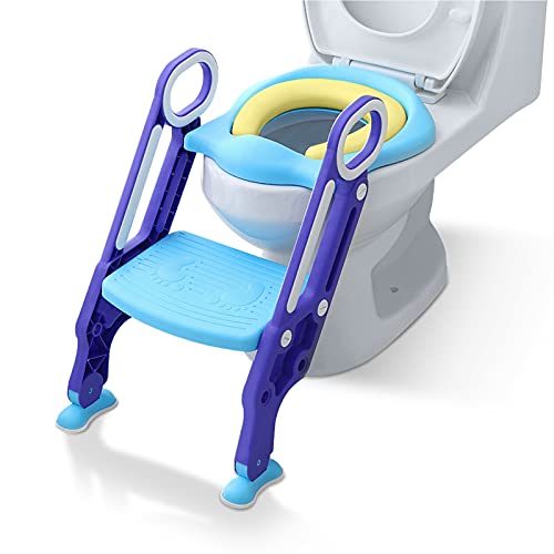 NAIZY Toilettensitz Kinder mit Treppe Faltbar Töpfchentrainer Höhenverstellbar WC Trainer mit PU Gepolstert Kissen und Griffen Töpfchen für Kinder von 1-7 Jahren Kleinkinder - Blau und Lila von NAIZY