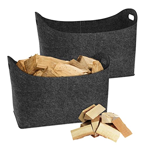 NAIZY XXL Holzkorb für Kaminholz, 2 Stück Faltbar Groß Kaminholzkorb aus extradickem Filz Shopper für Holz Zeitungen Kaminholz Filztasche Maße 55 x 30 x 40 cm - Anthrazit von NAIZY