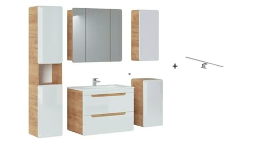 NAKA Badmöbel Set Mit Waschbecken Badezimmermöbel Komplettset LED Lampe Spiegelschrank Unterschrank Hängeschrank Hochschrank Aruba Weiß Eiche von NAKA