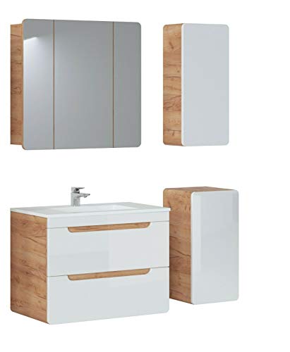 NAKA Badmöbel Set Mit Waschbecken Badmöbelset Waschtisch Spiegelschrank Unterschrank Hängeschrank Waschbeckenunterschrank MDF Spanplatte Soft Close Aruba Weiß Hochglanz Eiche Matt von NAKA