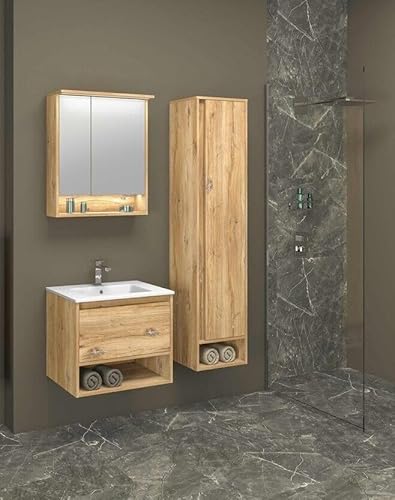 NAKA Badmöbel-Set mit Waschbecken 60 cm Waschtisch Spiegelschrank und Hochschrank mit Soft-Close-Mechanismus LED-Lampe für Badezimmer Badezimmermöbel Milano Eiche von NAKA
