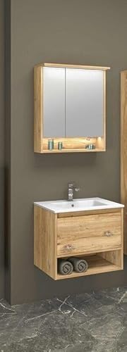 NAKA Badmöbel-Set mit Waschbecken 60 cm Waschtisch und Spiegelschrank mit Soft-Close-Mechanismus LED-Lampe für Badezimmer Badezimmermöbel Milano Eiche von NAKA