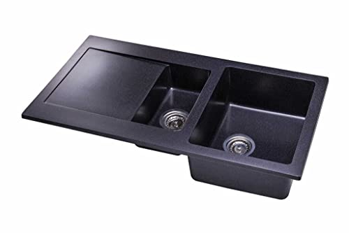 NAKA DG005 Spülbecken aus Granit mit Siphon 95 x 50 cm | Küchenspüle Einbauspüle mit 1 und 1/2 Becken | Waschbecken Küche Fleckenbeständig Spüle | Granitspüle mit Abtropfschale Schwarz von NAKA