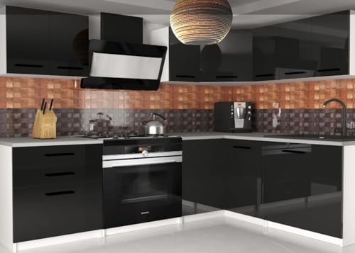 NAKA Eckküche Küchenschrank-Set Küchenzeile mit Arbeitsplatte Küchenblock 2X Küchenunterschrank 5X Hängeschrank 1x Spülenunterschrank Schwarz von NAKA