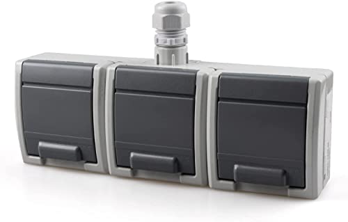 Steckdose 3-er Set | für Elektroinstallation im Feuchtraum | IP65 Aufputzsteckdose | Komplettset Einsatz + Rahmen + Abdeckung | Mehrfachsteckdose | Schuko AQUANT 1246-65 Grau von NAKA