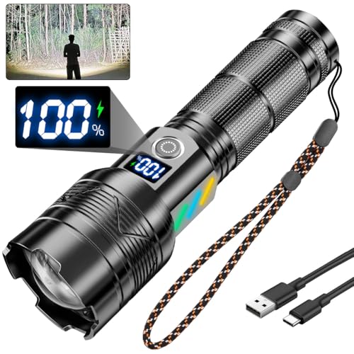 NAKCNM Taschenlampe LED Aufladbar, Camping Taschenlampe Extrem Hell 30000 Lumen, 5 Modi mit Stroboskop, 5 Lichtmodi, Einstellbarer Fokus, Wasserdicht, LCD Display von NAKCNM
