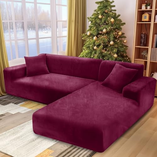 NAKIHOUSE Dicke Samt Sofa Überwürfe Sofabezug mit einem Kissenbezug, Superweicher Elastische Sofa Abdeckung in Bordeauxrot Farbe für 1/2/3/4 Sitzer（L-förmiges Ecksofa erfordert Zwei） von NAKIHOUSE