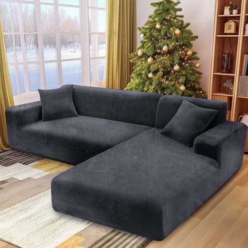 NAKIHOUSE Dicke Samt Sofa Überwürfe Sofabezug mit einem Kissenbezug, Superweicher Elastische Sofa Abdeckung in Grau Farbe für 1/2/3/4 Sitzer（L-förmiges Ecksofa erfordert Zwei） von NAKIHOUSE