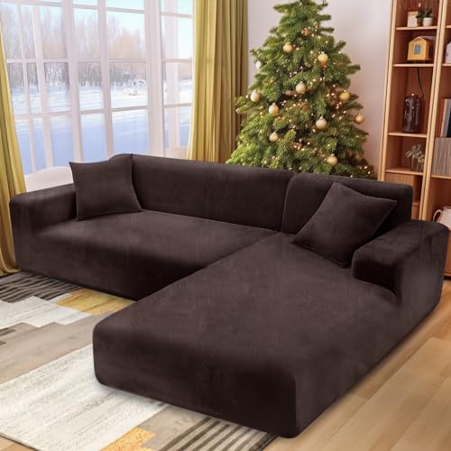 NAKIHOUSE Dicke Samt Sofa Überwürfe Sofabezug mit einem Kissenbezug, Superweicher Elastische Sofa Abdeckung in Kaffee Farbe für 1/2/3/4 Sitzer（L-förmiges Ecksofa erfordert Zwei） von NAKIHOUSE