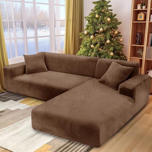 NAKIHOUSE Dicke Samt Sofa Überwürfe Sofabezug mit einem Kissenbezug, Superweicher Elastische Sofa Abdeckung in Khaki Farbe für 1/2/3/4 Sitzer（L-förmiges Ecksofa erfordert Zwei） von NAKIHOUSE