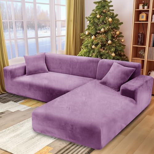 NAKIHOUSE Dicke Samt Sofa Überwürfe Sofabezug mit einem Kissenbezug, Superweicher Elastische Sofa Abdeckung in Purpurn Farbe für 1/2/3/4 Sitzer（L-förmiges Ecksofa erfordert Zwei） von NAKIHOUSE