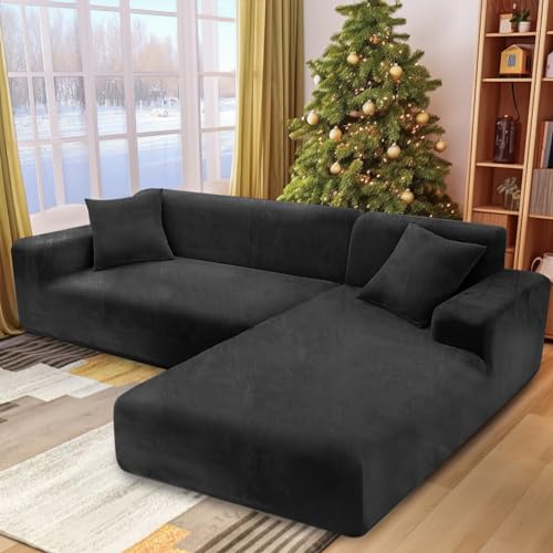 NAKIHOUSE Dicke Samt Sofa Überwürfe Sofabezug mit einem Kissenbezug, Superweicher Elastische Sofa Abdeckung in Schwarz Farbe für 1/2/3/4 Sitzer（L-förmiges Ecksofa erfordert Zwei） von NAKIHOUSE