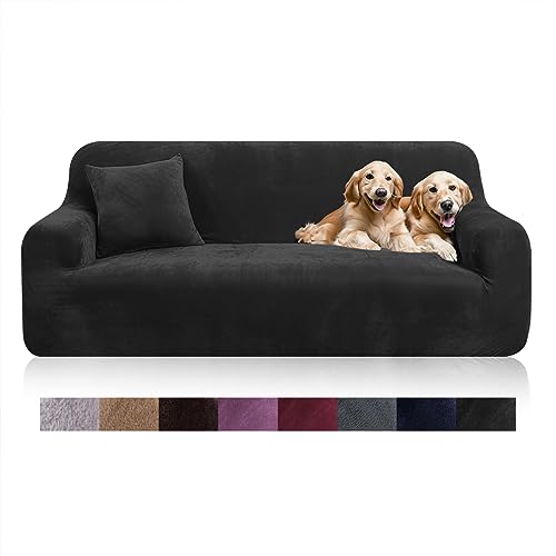 NAKIHOUSE Dicke Samt Sofa Überwürfe Sofabezug mit einem Kissenbezug, Superweicher Elastische Sofa Abdeckung in Schwarz Farbe für 1/2/3/4 Sitzer（L-förmiges Ecksofa erfordert Zwei） von NAKIHOUSE