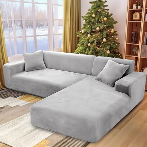 NAKIHOUSE Dicke Samt Sofa Überwürfe Sofabezug mit einem Kissenbezug, Superweicher Elastische Sofa Abdeckung in Silber-Grau Farbe für 1/2/3/4 Sitzer（L-förmiges Ecksofa erfordert Zwei） von NAKIHOUSE