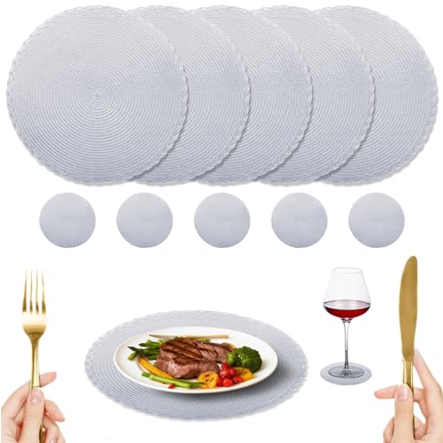 NAKIHOUSE 12er Set Tischsets Weihnachten Rund Silbergrau Platzstes, Gewebte Tischsets Abwaschbar Platzsets mit Untersetzer, Hitzebeständig rutschfest Platzdeckchen für Hochzeit, Fest-34cm von NAKIHOUSE