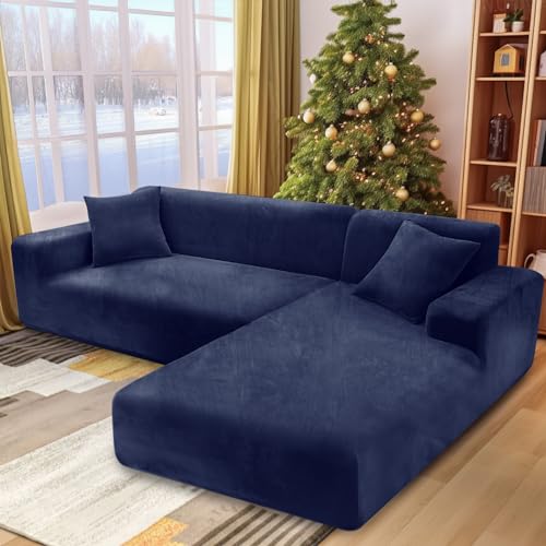 NAKIHOUSE Dicke Samt Sofa Überwürfe Sofabezug mit einem Kissenbezug, Superweicher Elastische Sofa Abdeckung in Blau Farbe für 1/2/3/4 Sitzer（L-förmiges Ecksofa erfordert Zwei） von NAKIHOUSE