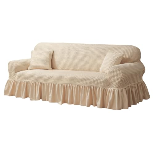 NAKIHOUSE Sofa Überwürfe Sofabezug 3 Sitzer Elastischer Beige Couchbezug Sofahusse Antirutsch Sofabezüge Sofa Abdeckung Stretch Couch Überzug Sofa Hussen mit 1 Kissenbezug von NAKIHOUSE