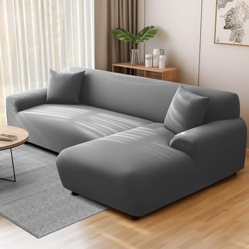 NAKIHOUSE Sofa Überwürfe Sofabezug mit einem Kissenbezug, Stretch elastische Sofahusse Sofa Abdeckung in Grau Farbe für 1/2/3/4 Sitzer（L-förmiges Ecksofa erfordert Zwei） von NAKIHOUSE