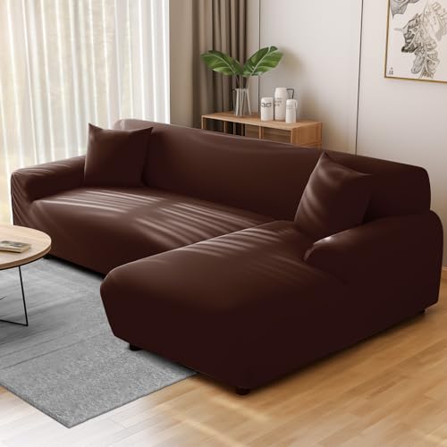 NAKIHOUSE Sofa Überwürfe Sofabezug mit einem Kissenbezug, Stretch elastische Sofahusse Sofa Abdeckung in Kaffee Farbe für 1/2/3/4 Sitzer（L-förmiges Ecksofa erfordert Zwei） von NAKIHOUSE