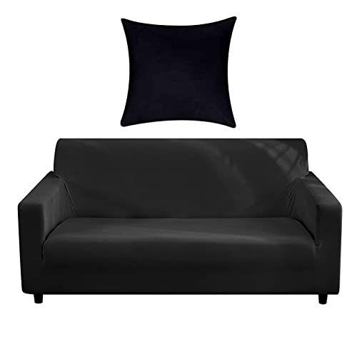 NAKIHOUSE Sofa Überwürfe Sofabezug mit einem Kissenbezug, Stretch elastische Sofahusse Sofa Abdeckung in Schwarz Farbe für 1/2/3/4 Sitzer（L-förmiges Ecksofa erfordert Zwei） von NAKIHOUSE