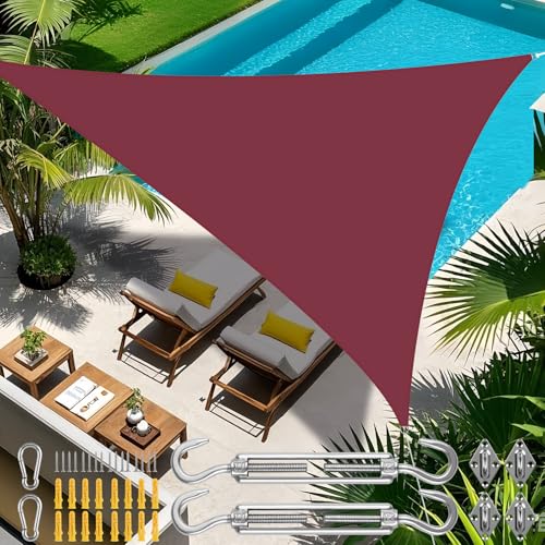 Sonnensegel inkl 24er Befestigung Kit,3.6x3.6x3.6m Wasserdichter Sonnenschutz Dreieck Sonnenschirm Außenüberdachung Garten Patio Pool Shades Segel Markise Camping Schatten (Rot) von NAKIHOUSE