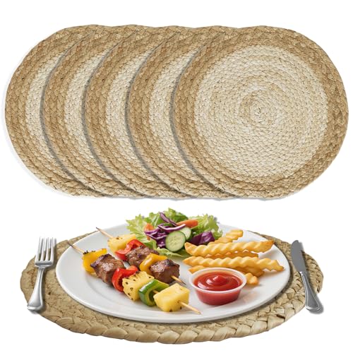 NAKIHOUSE Tischsets Abwaschbar, Handgefertigte Boho Platzset aus Natürliche Wasserhyazinthe und Seegras, Hitzebeständig und rutschfest 6er Set Runde Platzdeckchen Abwaschbar für Esstisch, Küche von NAKIHOUSE