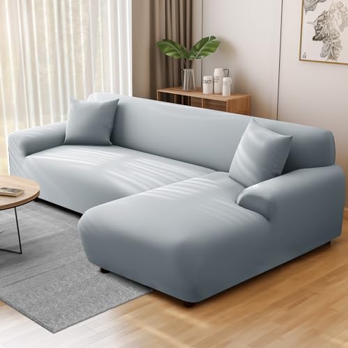 NAKIHOUSE Sofa Überwürfe Sofabezug mit einem Kissenbezug, Stretch elastische Sofahusse Sofa Abdeckung in Silber Grau Farbe für 1/2/3/4 Sitzer（L-förmiges Ecksofa erfordert Zwei） von NAKIHOUSE