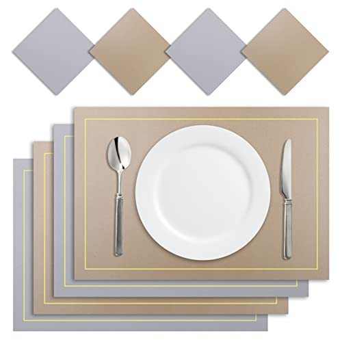 Tischsets Abwaschbar Leder und Untersetzer, 4er Set Doppelseitigen Platzset, rutschfest PU Platzdeckchen Leder Kunstleder Tischset (Gold Grau, Eckig) von NAKIHOUSE