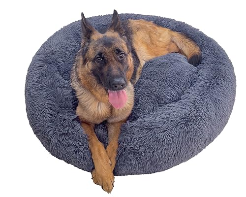 NAKLULU Hundebett Maschinenwaschbares Rund Katzenbett Hundekissen Hundekorb Hundebetten für Kleine, Mittelgroße und Grosse Hunde, Dunkelgrau, XL 90cm Außendurchmesser von NAKLULU