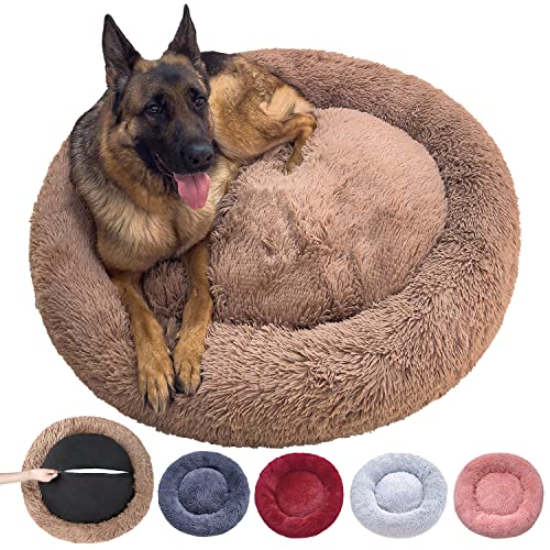 NAKLULU Hundebett Maschinenwaschbares Rund Katzenbett Hundekissen Hundekorb Hundebetten für Kleine, Mittelgroße und Grosse Hunde, Braun, XL 90cm Außendurchmesser von NAKLULU