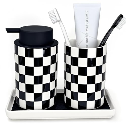 NAKOR HOME Modernes Badezimmer-Set, Keramik, Glasur, Schwarz-Weiß kariertes Zubehör-Set mit Seifenspender, Zahnbürstenhalter und Schminktisch NAKOR HOME Modernes Badezimmer-Set, Keramik, Glasur, Schwarz-Weiß kariertes Zubehör-Set mit Seifenspender, Zahnbürstenhalter und Schminktisch von Nakor home