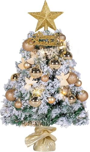 NALONE Mini Weihnachtsbaum mit Beleuchtung LED Tisch und Timer, 24 Zoll Schnee beflockt Kleiner Weihnachtsbaum mit 27 Pcs Ornamenten, 90 Zweigspitzen Tischweihnachtsbaum (Golden) von NALONE
