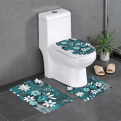 NALoRa Badezimmerteppich-Set, Blaugrün und Weiß, Blumenmuster, saugfähig, rutschfest, weich, für Badezimmer, Schlafzimmer, Küche und mehr, 3-teilig von NALoRa