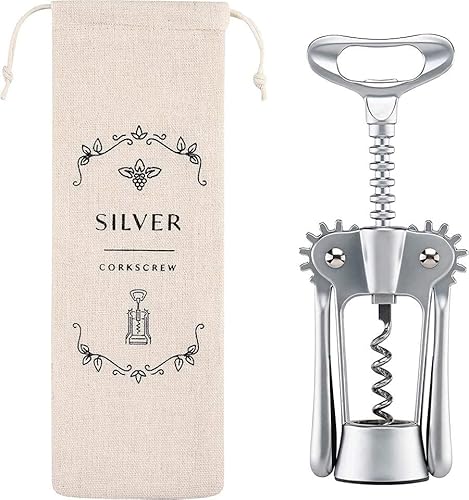 Korkenzieher mit Flügeln, Flaschenöffner mit Baumwolletui, Hotel- und Catering-Qualität. Korkenzieher mit Hebel zum einfachen Öffnen von Weinflaschen (Silber) von NAMCHE