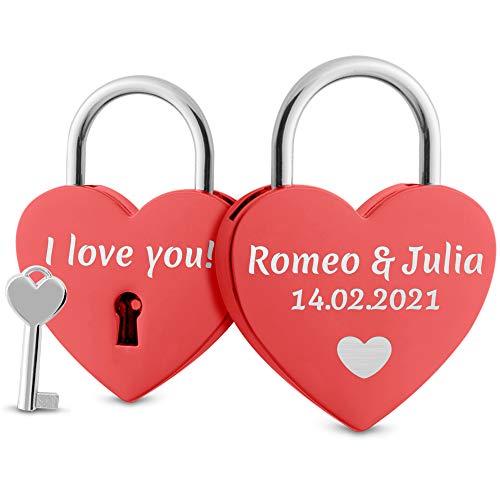 Herz Liebesschloss mit Gravur und Schlüssel - herzförmiges Schloss mit Motiv, Namen und Datum (Rot) von Namenbar