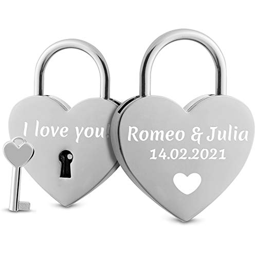 Herz Liebesschloss mit Gravur und Schlüssel - herzförmiges Schloss mit Motiv, Namen und Datum (Silber) von namenbar