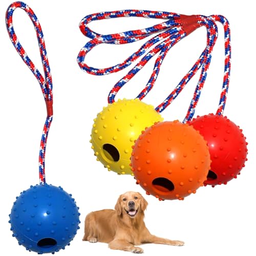 NAMIS 4 Ball mit Schnur Hund, ø 5/30 cm Ball am Seil Naturkautschuk, Hundespielzeug Ball mit Seil extrem Weite Würfe, Hundeball Snackball, Hundebälle Kleine Hunde, Große Hunde (Rot Gelb Blau Orange) von NAMIS