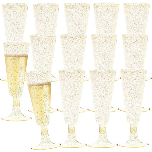 NAMIS Sektgläser Plastik 50 Stück Champagnerflöten aus Kunststoff 150ml Mehrweg Sektgläser mit Weinglas Marker Silikon Plastik Sektgläser für Hochzeit Party Picknicks Outdoor (Gold) von NAMIS