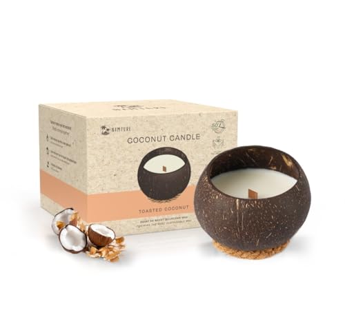 Namture Handmade Toasted Coconut Scented Candle – Reusable Organic Coconut Shell, 50 Hours Burning Time, Eco-Friendly & Sustainable, Crackling Woodwick Candle, Suitable for Easter and Christmas von NAMTURE