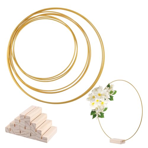 NAMYEUT 9 Stück Gold Metallringe zum Basteln, 20cm 25cm 30cm Dekoring mit Fuß Set, Metallring mit Fuß, Deko Ring mit Ständer, Drahtring Gold für Floristik, Hochzeitskranzdekor, Traumfänger Ringe von NAMYEUT