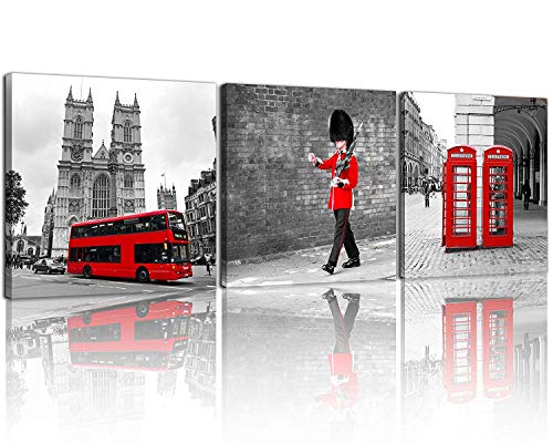 NAN Wind Moderne Giclée-Leinwanddrucke, London, Schwarz und Weiß mit rotem Bus, Union Jack, britische Wachen, Poster Telefonzelle, Gemälde auf Leinwand, gespannt und gerahmt, fertig zum Aufhängen, für von NAN Wind