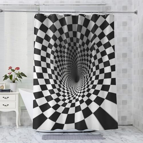 NANDHA Duschvorhang Schwarz Weiß 180x200 - Kariert Duschvorhänge, Anti Schimmel Waschbar Wasserdicht Polyester Textil Shower Curtains mit 12 Duschvorhangringe für Badezimmer Badewanne von NANDHA