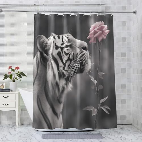 NANDHA Tiger Duschvorhang 240x200 Textil, Blumen Shower Curtains & 12 Duschvorhänge Ringe, Anti Schimmel Waschbar Schnelltrocknend Polyester Badewannenvorhang mit Ösen von NANDHA