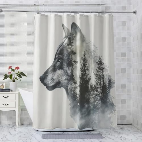 NANDHA Wolf Duschvorhang 120 x 200 Textil, Waldtiere Shower Curtains & 12 Duschvorhänge Ringe, Anti Schimmel Waschbar Schnelltrocknend Polyester Badewannenvorhang mit Ösen von NANDHA