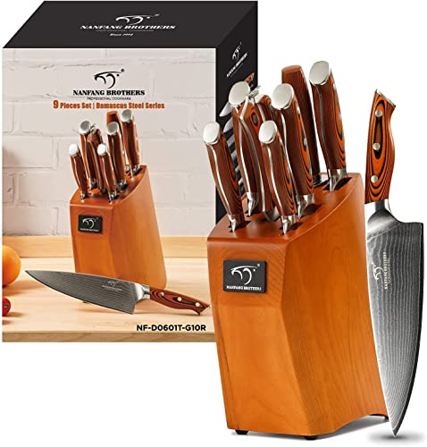 Damaskus Küchenmesser Set Holzmessergriff Chef Damastmesser Set, Japanische Profiküche Scharfes Messerset Damaskus mit Buchenmesserblock, 67 Lagen VG10 Damaststahl (Rot) von NANFANG BROTHERS
