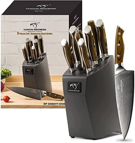 NANFANG BROTHERS Damaskus Küchenmesser Set Holzmessergriff Chef Damastmesser Set, Japanische Profiküche Scharfes Messerset Damaskus mit Buchenmesserblock, 67 Lagen VG10 Damaststahl (Grau) von NANFANG BROTHERS